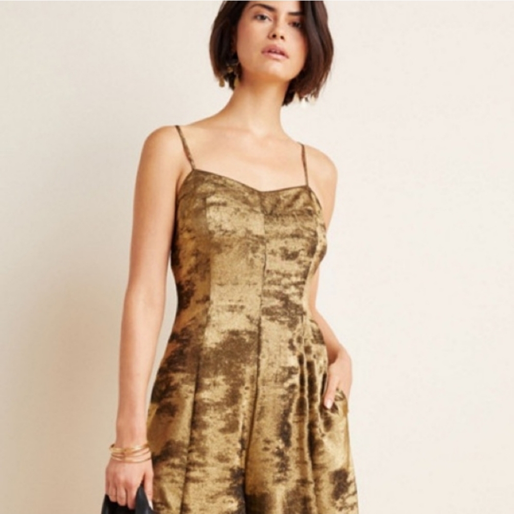 Anthropologie Erika Wide Leg Jumpsuit 2 Metallic Pewter Cropped Pockets Zip - Picture 4 of 9